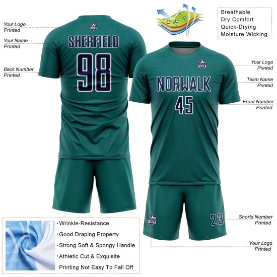 Custom Geometric Teal Jersey Navy-White Soccer Sports Shape Sublimation Uniform Custom Geometric Teal Jersey Navy-White Soccer Sports Shape Sublimation Uniform